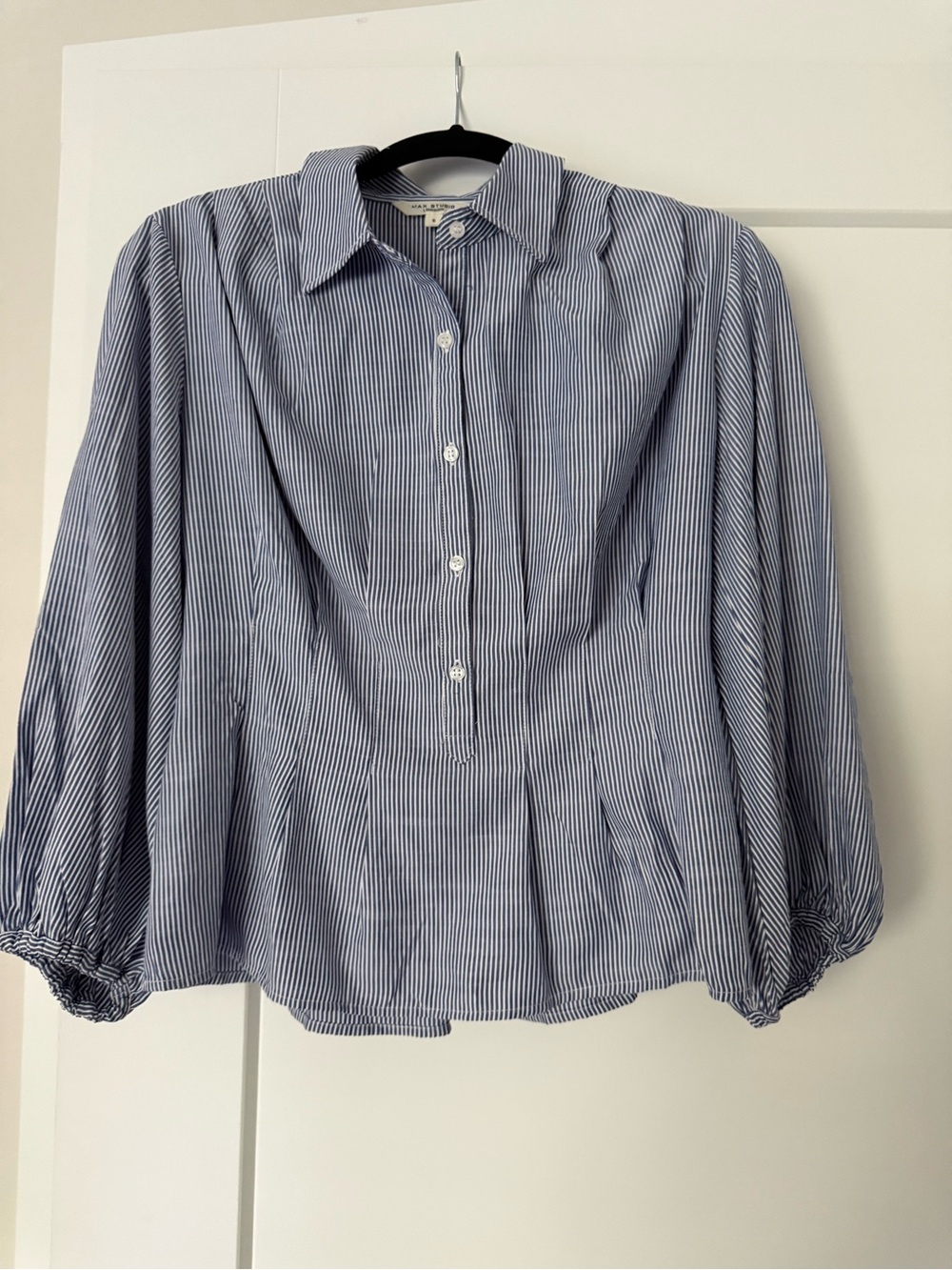 Max Studio Striped Blue Button-Front Puff Sleeve Blouse With Pleated Waist